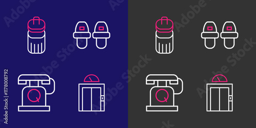 Set line Lift, Telephone handset, Hotel slippers and Trash can icon. Vector