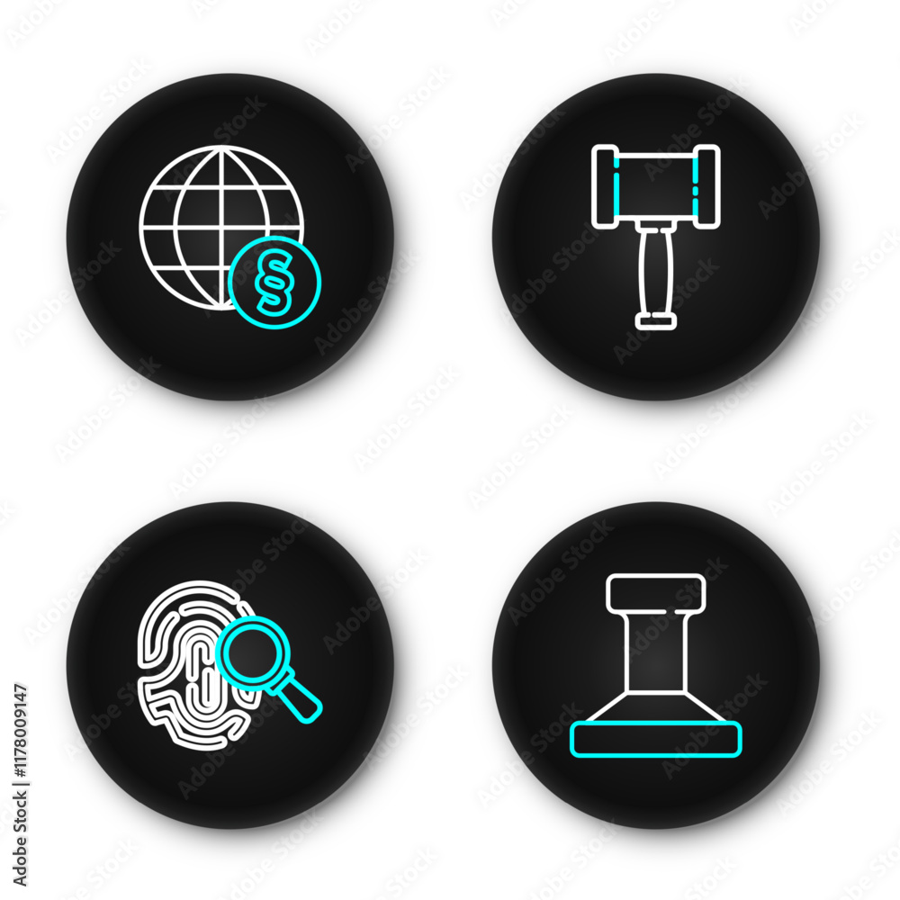 Set line Stamp, Fingerprint, Judge gavel and International law icon. Vector Set line Stamp, Fingerprint, Judge gavel and International law icon. Vector