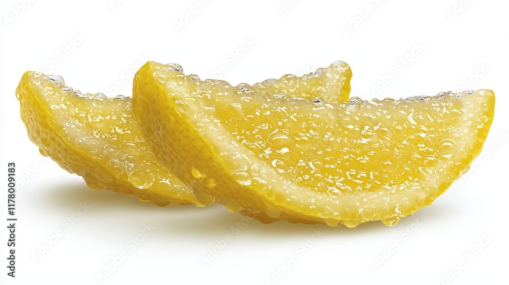 A fresh lemon slice with water droplets on a white isolated background A fresh lemon slice with water droplets on a white isolated background
