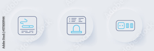 Set line Electrical outlet, Ticket office to buy tickets and Smoking area icon. Vector