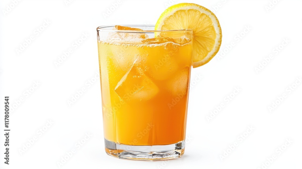 A glass of cold lemonade with a slice of lemon and ice cubes on a white isolated background A glass of cold lemonade with a slice of lemon and ice cubes on a white isolated background