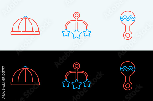 Set line Rattle baby toy, Baby hat and crib hanging toys icon. Vector