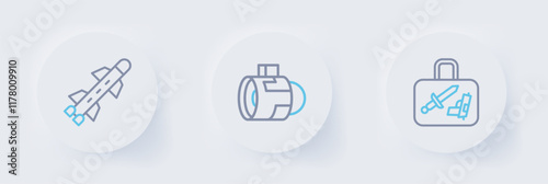 Set line Suitcase, Jet engine turbine and Rocket icon. Vector