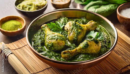 palak chicken or saag murgh grilled chicken in creamy spinach gravy photo