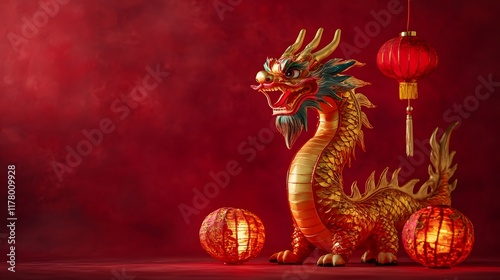 Colorful dragon statue with lanterns celebrating cultural festival in a vibrant setting photo