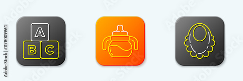 Set line ABC blocks, Baby bottle and bib icon. Vector