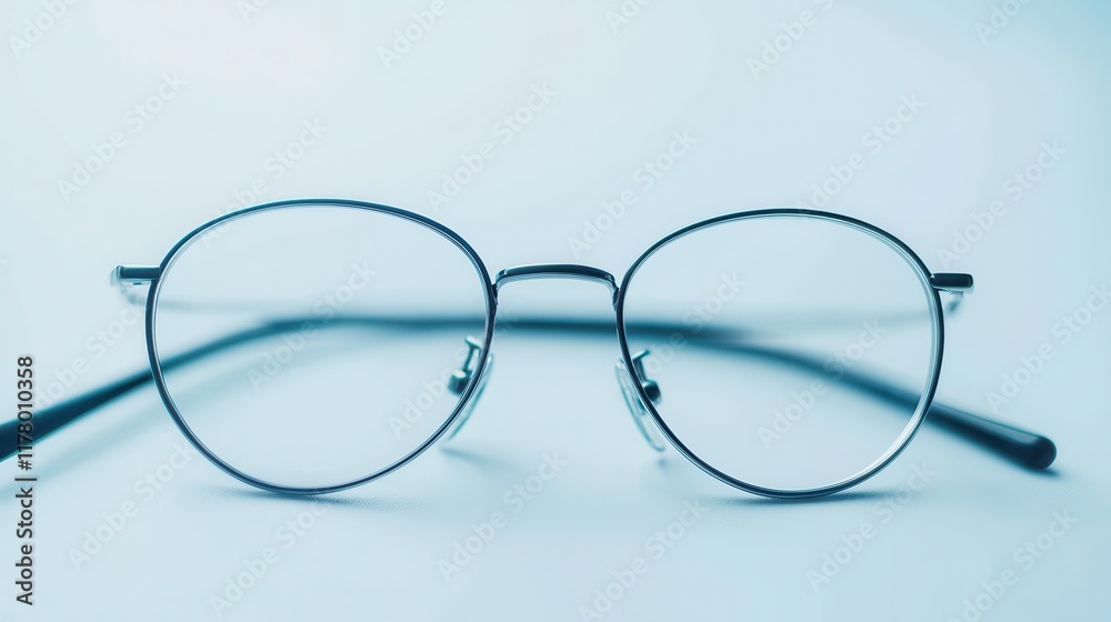 A stylish pair of reading glasses with a thin metallic frame on a white isolated background A stylish pair of reading glasses with a thin metallic frame on a white isolated background