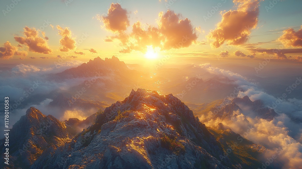 Fototapeta premium Golden Hour Mountaintop Majesty: A Breathtaking Sunset Panorama
