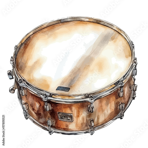 A watercolor illustration of a snare drum head, isolated on a white background. Percussion part vector.
