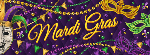 Horizontal carnival poster with half masks, comedy mask in jester harlequin hat, pennants garland, strings of beads, text. Ticket, invitation design for Mardi Gras carnival, party in vintage style