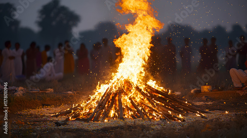 A ceremonial pyre burning under the stars, with solemn onlookers in the background, during a sacred ritual photo