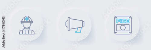 Set line Fire alarm system, Megaphone and Firefighter icon. Vector