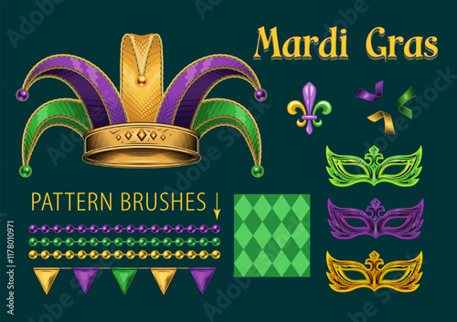 Pack of design elements for Mardi Gras with jester hat, bead strings, masquerade masks, harlequin pattern, holiday confetti, trinket, bling, text. Clip art in vintage style