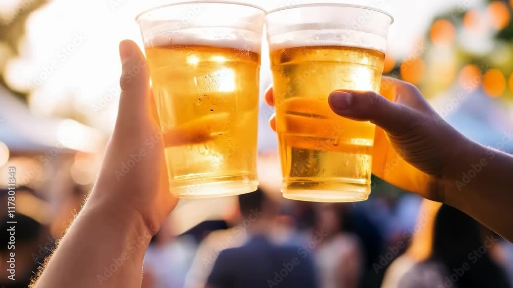 Hands rising plastic cups with fresh beer, enjoying the summer vibes
