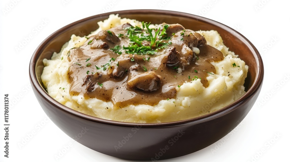 A bowl of creamy mashed potatoes with gravy on a white isolated background A bowl of creamy mashed potatoes with gravy on a white isolated background