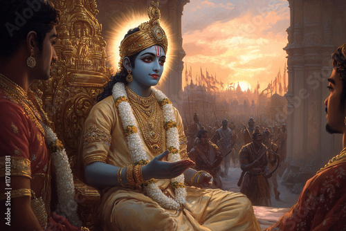 Krishna Imparts Wisdom as a Teacher During a Pivotal Moment in Hindu Mythology