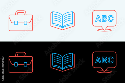 Set line Alphabet, Briefcase and Open book icon. Vector