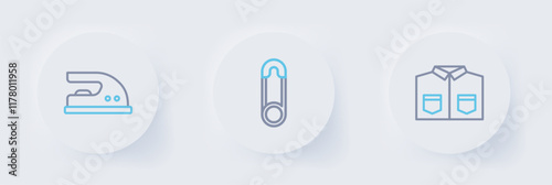 Set line Shirt, Safety pin and Electric iron icon. Vector