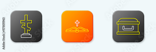 Set line Grave with cross, Holy bible book and Coffin icon. Vector