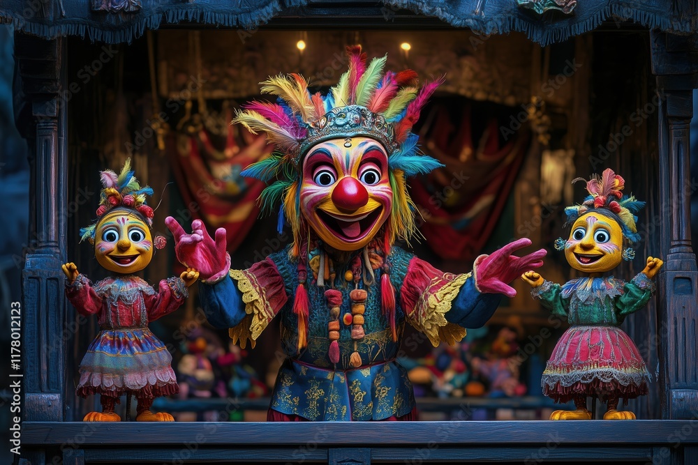 Fototapeta premium Puppeteer skillfully manipulating vibrant puppets in lively performance setting