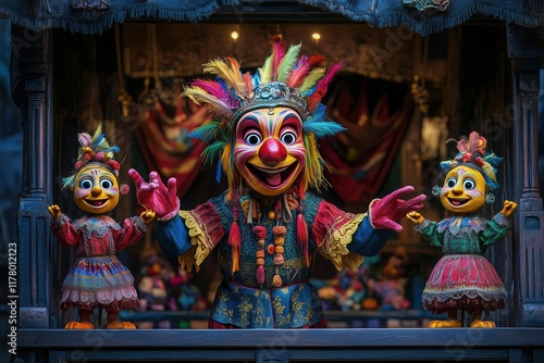 Puppeteer skillfully manipulating vibrant puppets in lively performance setting photo