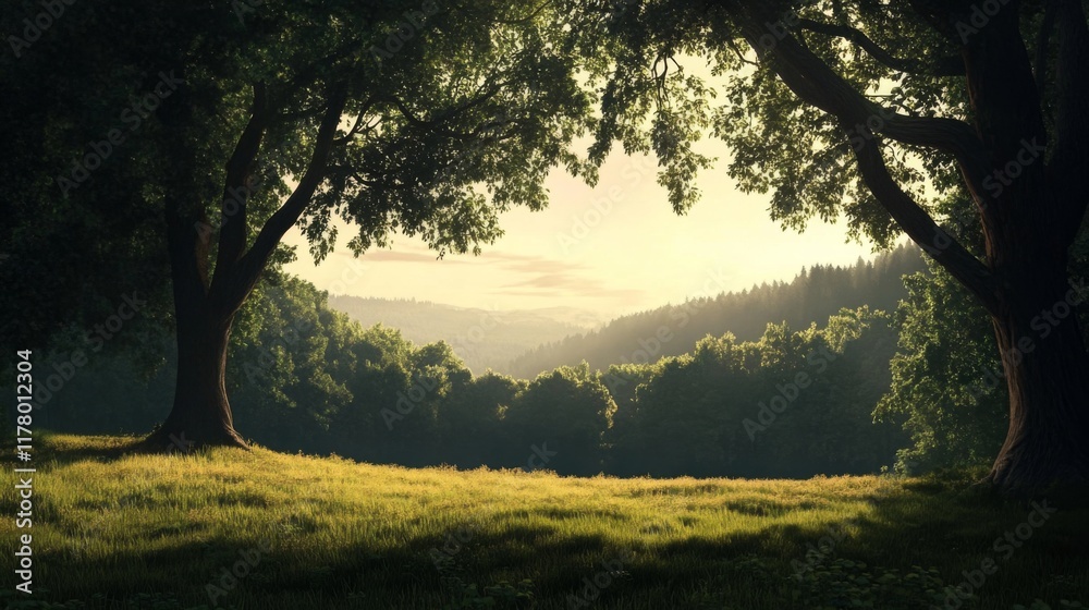 Sunlit valley view framed by two majestic trees, lush green meadow in foreground. Sunlit valley view framed by two majestic trees, lush green meadow in foreground.