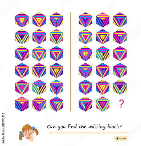 Logic puzzle for children and adults. Can you find the missing block? Educational game. Page for kids brain teaser book. Task for attentiveness. Play online. Activity sheet. Vector illustration.