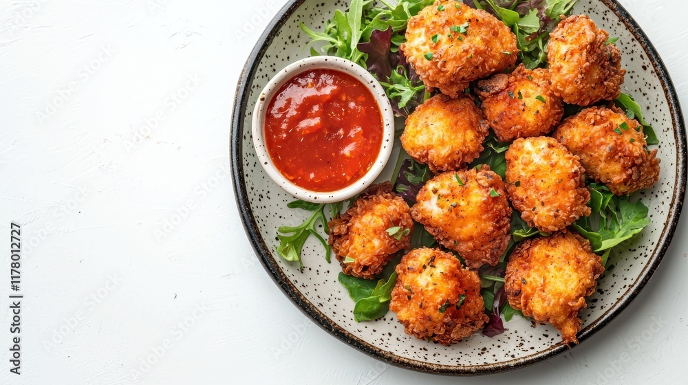 A plate of chicken nuggets with a side of dipping sauce on a white isolated background A plate of chicken nuggets with a side of dipping sauce on a white isolated background