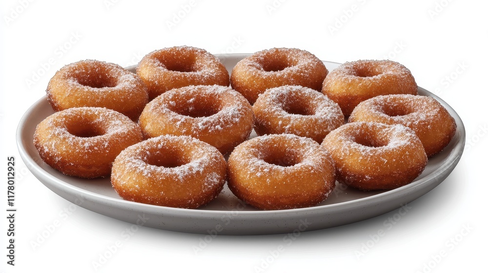 A plate of freshly fried donuts with powdered sugar on a white isolated background A plate of freshly fried donuts with powdered sugar on a white isolated background