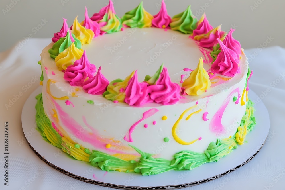 A neon splash birthday cake with a white base splattered with neon pink, green, and yellow paint-like frosting, on a white canvas. A neon splash birthday cake with a white base splattered with neon pink, green, and yellow paint-like frosting, on a white canvas.