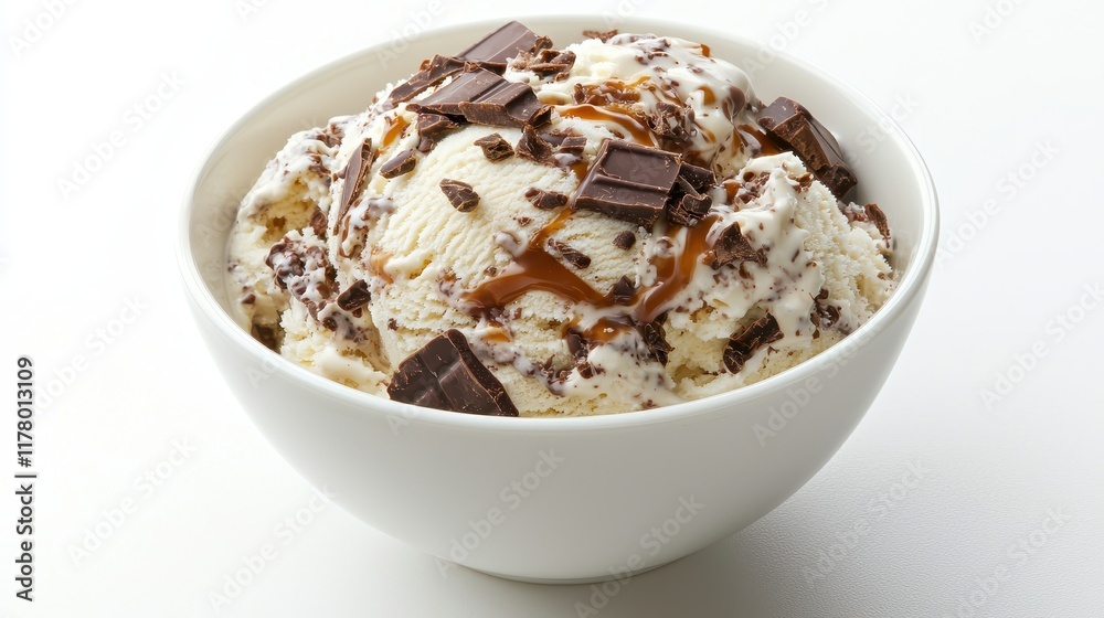 A creamy bowl of ice cream with chocolate and caramel toppings on a white isolated background A creamy bowl of ice cream with chocolate and caramel toppings on a white isolated background