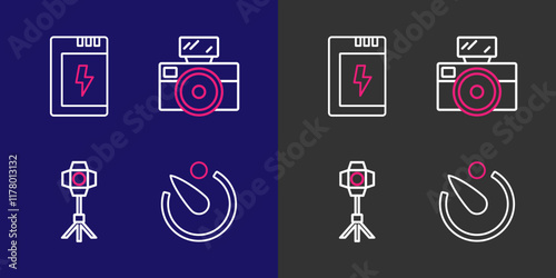 Set line Camera timer, Softbox light, Photo camera with flash and Battery for icon. Vector