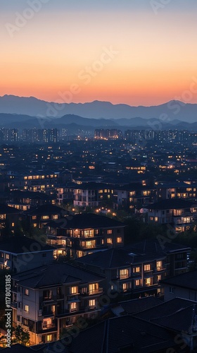 Blurred cityscape at dusk with glowing lights and mountain silhouette.