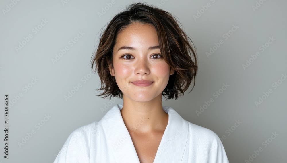 Beautiful young woman in white bathrobe smiling at the camera Beautiful young woman in white bathrobe smiling at the camera