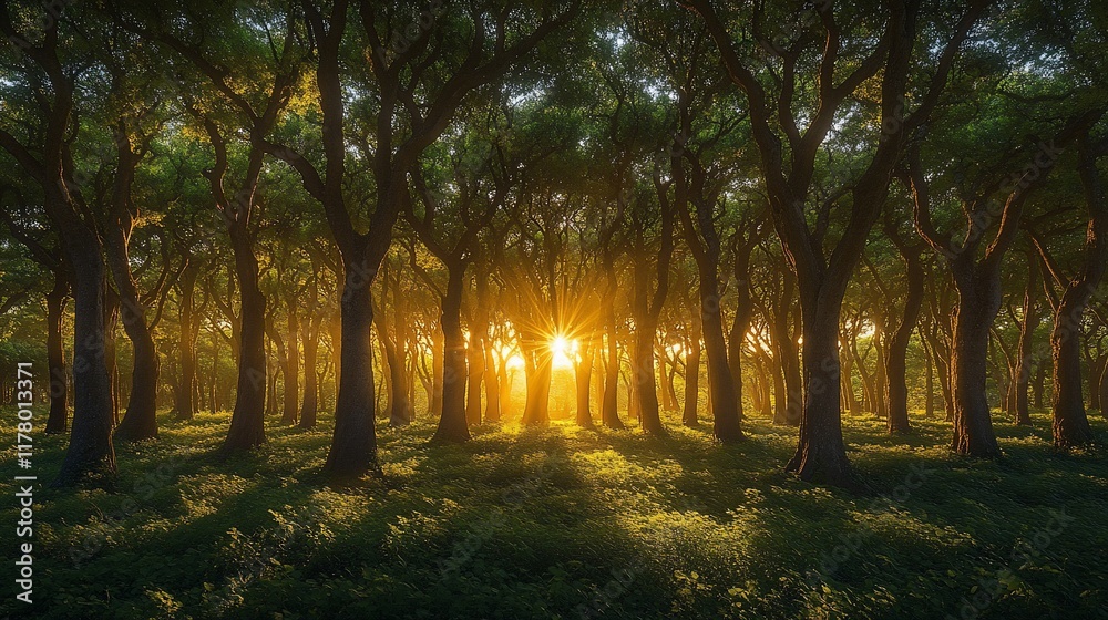 Sunbeams Illuminate a Tranquil Forest Scene