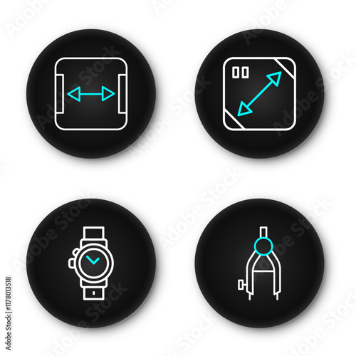 Set line Drawing compass, Wrist watch, Diagonal measuring and Area measurement icon. Vector