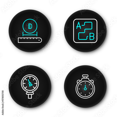 Set line Stopwatch, Pressure water meter, Route location and Diameter icon. Vector
