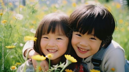 Cheerful family bonding in yellow field of flowering plants.
