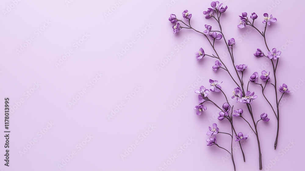 Fototapeta premium Delicate purple flowers on pastel background with empty space for spring design
