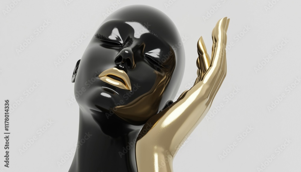 Clean Woman Mannequin With Golden Hand And Black Head On White Background For Fashion Shop Display Featuring Female Body Parts. Clean Woman Mannequin With Golden Hand And Black Head On White Background For Fashion Shop Display Featuring Female Body Parts.