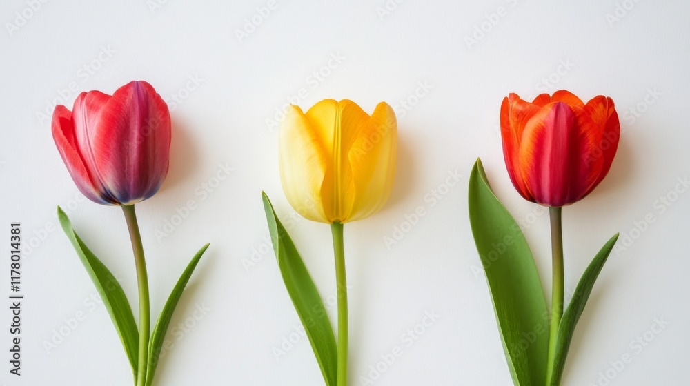 Three vibrant tulips in red, yellow, and orange, arranged in a row on a white background. Three vibrant tulips in red, yellow, and orange, arranged in a row on a white background.
