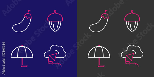 Set line Kite, Umbrella, Acorn and Eggplant icon. Vector