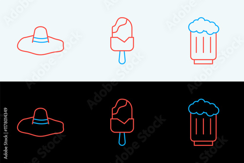 Set line Wooden beer mug, Elegant women hat and Ice cream icon. Vector