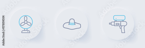 Set line Water gun, Elegant women hat and Electric fan icon. Vector