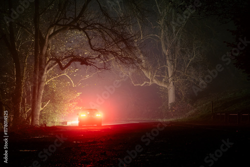 A car parked in woodland at night