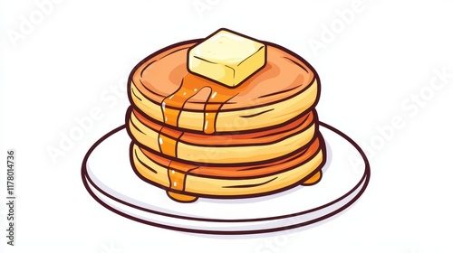 A stack of fluffy pancakes with a drizzle of syrup and a pat of butter on a white isolated background