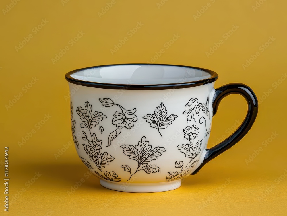 Close-up of a black and white teacup with floral pattern on yellow background