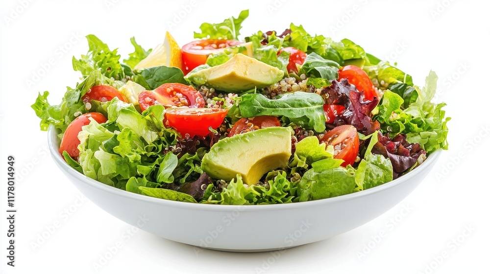 A fresh bowl of quinoa salad with avocado, tomatoes, and lemon dressing on a white isolated background A fresh bowl of quinoa salad with avocado, tomatoes, and lemon dressing on a white isolated background