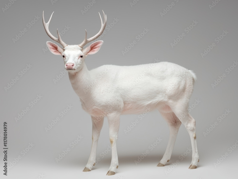 Albino deer in profile view, isolated on grey background Albino deer in profile view, isolated on grey background