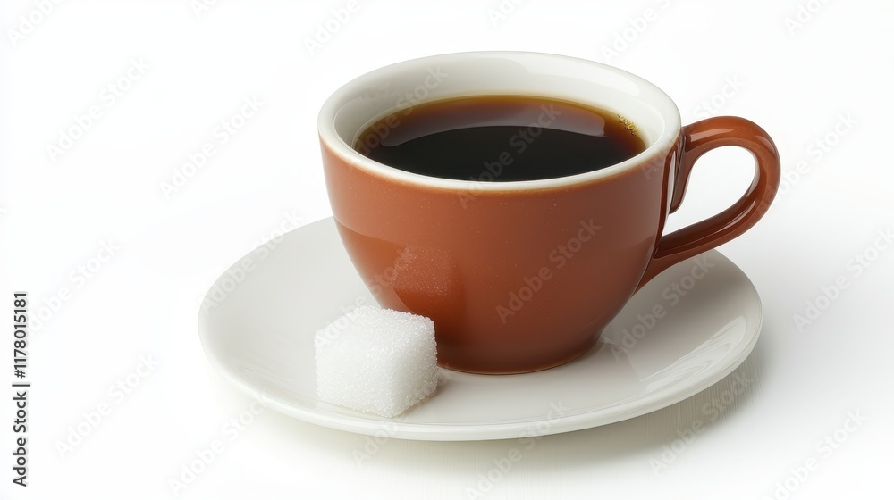 A cup of freshly brewed espresso with a small sugar cube on a white isolated background A cup of freshly brewed espresso with a small sugar cube on a white isolated background
